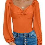 Puff Sleeve Twist Knot Front Tops Bodysuit - Nadorine (Us Only)
