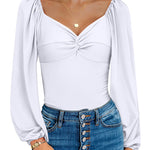Puff Sleeve Twist Knot Front Tops Bodysuit - Nadorine (Us Only)