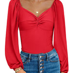 Puff Sleeve Twist Knot Front Tops Bodysuit - Nadorine (Us Only)