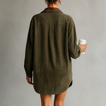 Women's Simple Loose Leather Lapel Spliced Suede Mini Dress