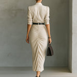 Women's Solid Color Lapel Single-breasted Mid-length Sleeve Belt Maxi Dress