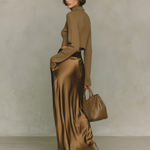 Women's Fashionable Gold-brown Turtleneck Long-sleeved Knit Top Paired With A Satin Midi Skirt