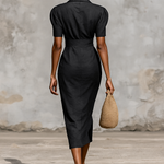 Ladies Solid Color Lapel V-neck Short Sleeve Waist Midi Dress