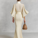 Women's Pleated Chiffon Stand Collar Trumpet Sleeve Shirt Slit Floor Length Skirt Two-piece Set