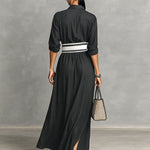 Women's Imitation Cupro Fabric Lapel Single-breasted Long-sleeved Waist Maxi Dress