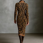 Women's Fashion Leopard Jacquard Knit Zipper Neck Midi Dress