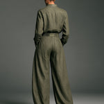 Women's Fashion Cotton And Linen Blended Long Sleeve Shirt Wide Leg Pants Two-Piece Set