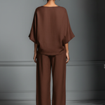 Women's Brown Cotton And Linen Blend Oversized Short-Sleeve Blouse & Wide-Leg Pants Set