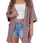 Women's Summer Cardigans 3/4 Sleeve Open Front Cardigan Duster Waffle Knit Kimono Swimsuit Cover Ups - Nadorine (Us Only)