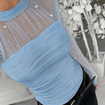 Pearls Decor Mock Neck Sheer Mesh Spliced Ruched Tee Hollow-out Back Slim Fit Textured Top