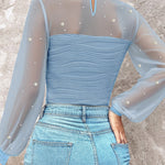 Pearls Decor Mock Neck Sheer Mesh Spliced Ruched Tee Hollow-out Back Slim Fit Textured Top