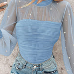 Pearls Decor Mock Neck Sheer Mesh Spliced Ruched Tee Hollow-out Back Slim Fit Textured Top