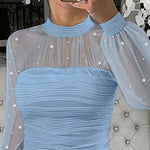Pearls Decor Mock Neck Sheer Mesh Spliced Ruched Tee Hollow-out Back Slim Fit Textured Top