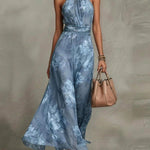 Green Floral Chiffon Halter Maxi Dress