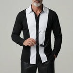 KZZ Men's Black White Contrast Shirt Collar Single Breasted Long Sleeve Shirts