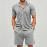 KZZ Men's Casual Breathable Contrast Trim Short Sleeve Shirts & Shorts  Set