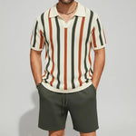 KZZ Men's Contrast Striped Short Sleeve Polo Shirt & Drawstring Shorts 2Pcs Set