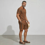 KZZ Men's Contrast Striped Turndown Collar Short Sleeve Shirt & Drawstring Shorts  Set