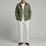KZZ Men's Olive Green Lapel Collar Multi-Pocket Single Breasted Cargo Jacket