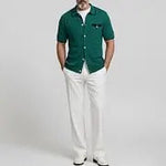 KZZ Men's Pit Stripe Chest Pocket Contrast Binding Casual Short Sleeve Shirt