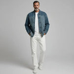 KZZ Men's Retro Denim Stand Collar Pocket Frog Closures Long Sleeve Jacket