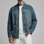 KZZ Men's Retro Denim Stand Collar Pocket Frog Closures Long Sleeve Jacket