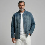 KZZ Men's Retro Denim Stand Collar Pocket Frog Closures Long Sleeve Jacket