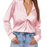 Satin V Neck Twist Front Silk Shirts - Nadorine (Us Only)