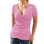 Nadorine Women Wrap Tops Short Sleeve Ribbed Deep V Neck Sexy Wrap Shirt