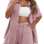 Women's 2 Piece Casual Tracksuit Outfit Sets Cotton Linen Short Sleeve Button Down Shirt and Loose Casual Shorts Set - Nadorine (Us Only)