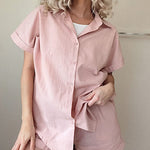 Women's 2 Piece Casual Tracksuit Outfit Sets Cotton Linen Short Sleeve Button Down Shirt and Loose Casual Shorts Set - Nadorine (Us Only)