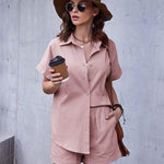 Women's 2 Piece Casual Tracksuit Outfit Sets Cotton Linen Short Sleeve Button Down Shirt and Loose Casual Shorts Set - Nadorine (Us Only)