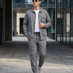 KZZ Men's Solid Color Pocket Button Front Shirt & Pants Two-Piece Set