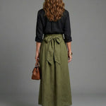 Vera | Two Piece Set Black Blouse Olive Green Midi Skirt