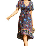 Nadorine Women's Bohemian Floral Tie Front V Neck Midi Dresses