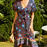 Nadorine Women's Bohemian Floral Tie Front V Neck Midi Dresses