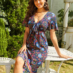 Nadorine Women's Bohemian Floral Tie Front V Neck Midi Dresses
