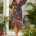 Nadorine Women's Bohemian Floral Tie Front V Neck Midi Dresses