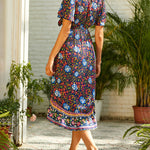 Nadorine Women's Bohemian Floral Tie Front V Neck Midi Dresses