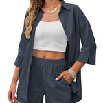 Linen Shirt Elastic Waist Casual Shorts Set - Nadorine (Us Only)