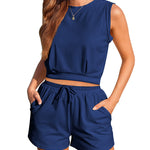 Womens Summer 2 Piece Outfits Sleeveless Round Neck Tops and High-waisted with Drawstring Casual Shorts Tracksuit Sets - Nadorine (Us Only)