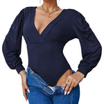 Women Sexy Bodysuits Long Sleeve V Neck Jumpsuits Tops Leotard Shirts - Nadorine (Us Only)
