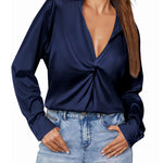 Satin V Neck Twist Front Silk Shirts - Nadorine (Us Only)