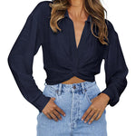 Zeagoo Women's V Neck Twist Hem Blouse Long Sleeve Crop Top Casual Button Shirts
