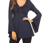 Nadorine Women's Sexy V-Neck Pleated Front Long Bell Sleeve Blouse Tops