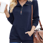 Womens Quilted Sweatshirts Quarter Zip Pullovers Lightweight Long Sleeve Stand Collar Tops with Kangaroo Pocket - Nadorine (Us Only)