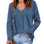 Nadorine Women Waffle Knit Tops Casual Long Sleeve Shirts Solid Color V Neck Shirt