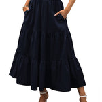 Women's Boho Elastic High Waist Ruffle A Line Swing Beach Long Maxi Skirt with Pockets - Nadorine (Us Only)