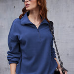 Women's Long Sleeve Sweatshirt Lapel Half Zip Pullover Drop Shoulder Fleece Pullover Tops S-3XL - Nadorine (Us Only)