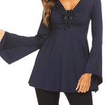 Nadorine Women's Sexy V-Neck Pleated Front Long Bell Sleeve Blouse Tops
